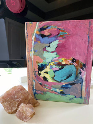 "Mixing Magic"  8x10" Original on Canvas by Julie Davis Veach displayed with rose quartz on a desk.