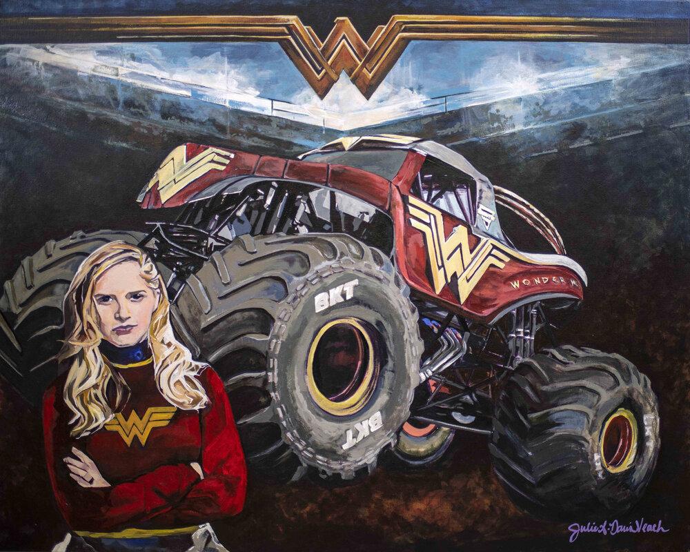 Portrait of Collete Davis and her Wonder Woman Monster Truck, a  professional racecar driver, stunt driver, entrepreneur and national TV Host.